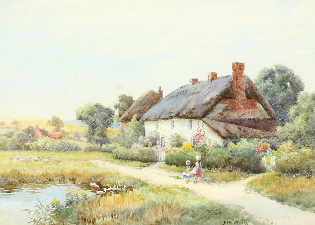 Thomas Noel Smith (1840-1900) British. At the Garden: Thomas Noel Smith (1840-1900) British. At the Garden Gate, Figures before a Cottage Garden, Watercolour, Signed, 10" x 13.5".