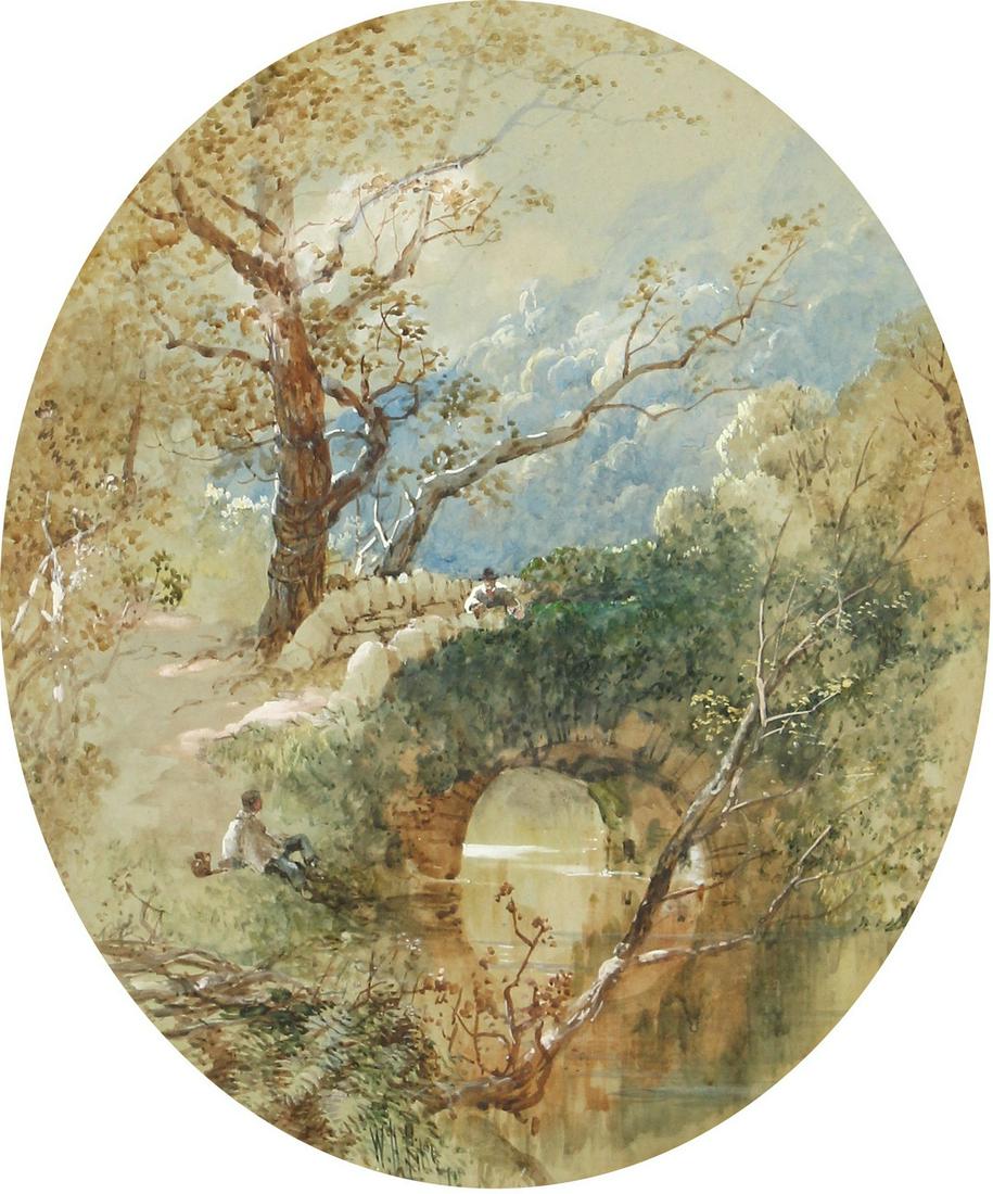 William Henry Pike (1846-1908) British. Figures Resting: William Henry Pike (1846-1908) British. Figures Resting by a River, Watercolour, Signed, Oval, 14" x 11".