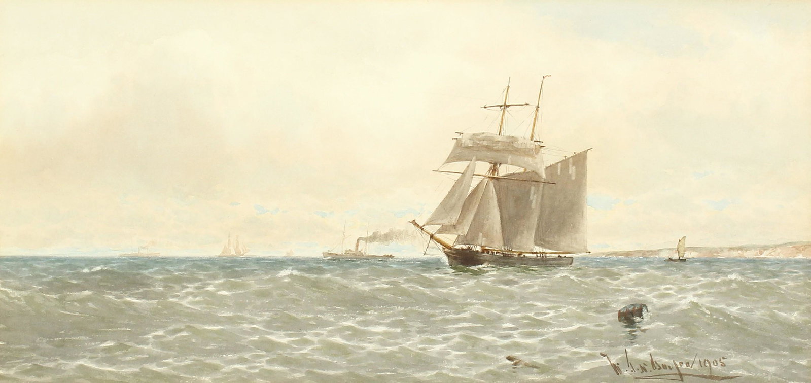 William Thomas Nicholas Boyce (1858-1911) British. 'Off: William Thomas Nicholas Boyce (1858-1911) British. 'Off the River Tyne', a Shipping Scene, Watercolour, Signed and Dated 1905, and Inscribed on the Mount, 9.5" x 20.25".
