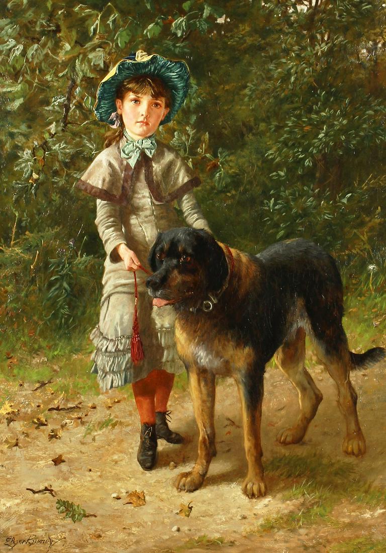 Edgar Bundy (1862-1922) British, scene of a young girl: Edgar Bundy (1862-1922) British, scene of a young girl in a bonnet with her pet dog, oil on canvas, signed bears label verso, 36" x 28".