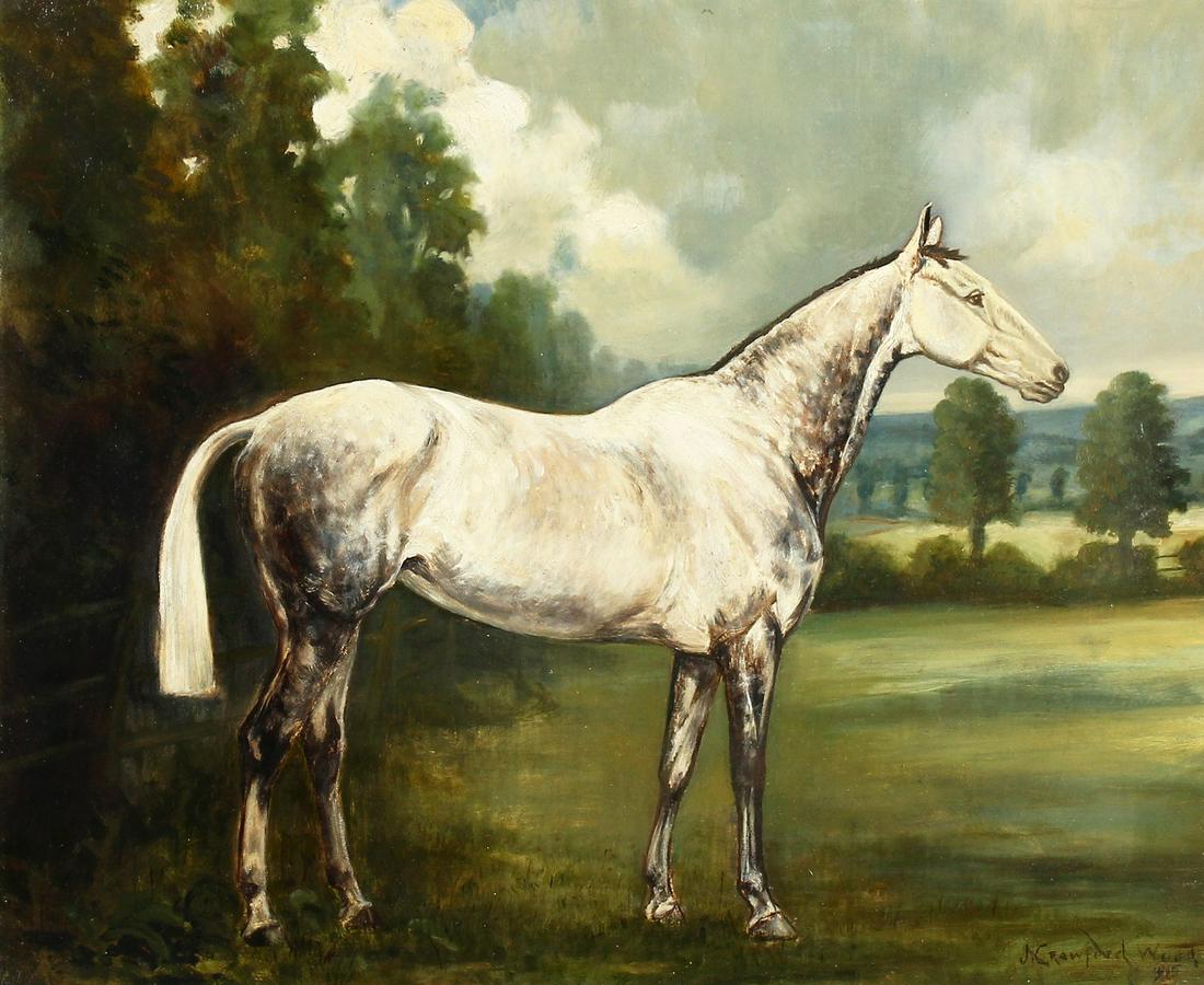 J. Crawford Wood (Early 20th century) British, a grey: J. Crawford Wood (Early 20th century) British, a grey horse in an extensive landscape, oil on canvas, signed and dated 1915, 18" x 22".