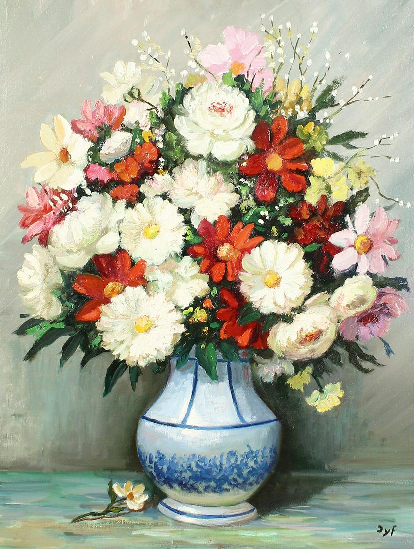 Marcel Dyf (1899-1985) French, a still life of: Marcel Dyf (1899-1985) French, a still life of colourful mixed flowers in a blue and white vase, oil on canvas, signed, 28" x 22".