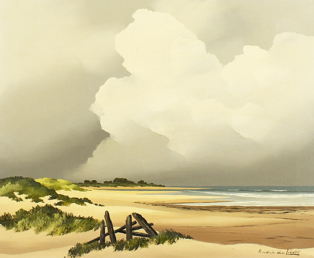 Pierre de Clausade (1910-1978) French. Scene of a: Pierre de Clausade (1910-1978) French. Scene of a Normandy Seascape with Clouds over the Coastline, Oil on Canvas, Signed with Pseudonym 'Andre de Lievin', 18" x 22".