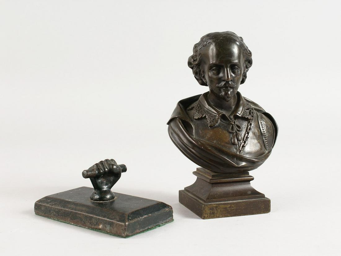 A SMALL BRONZE BUST OF WILLIAM SHAKESPEARE 5ins high: A SMALL BRONZE BUST OF WILLIAM SHAKESPEARE 5ins high and a bronze paperweight (2).