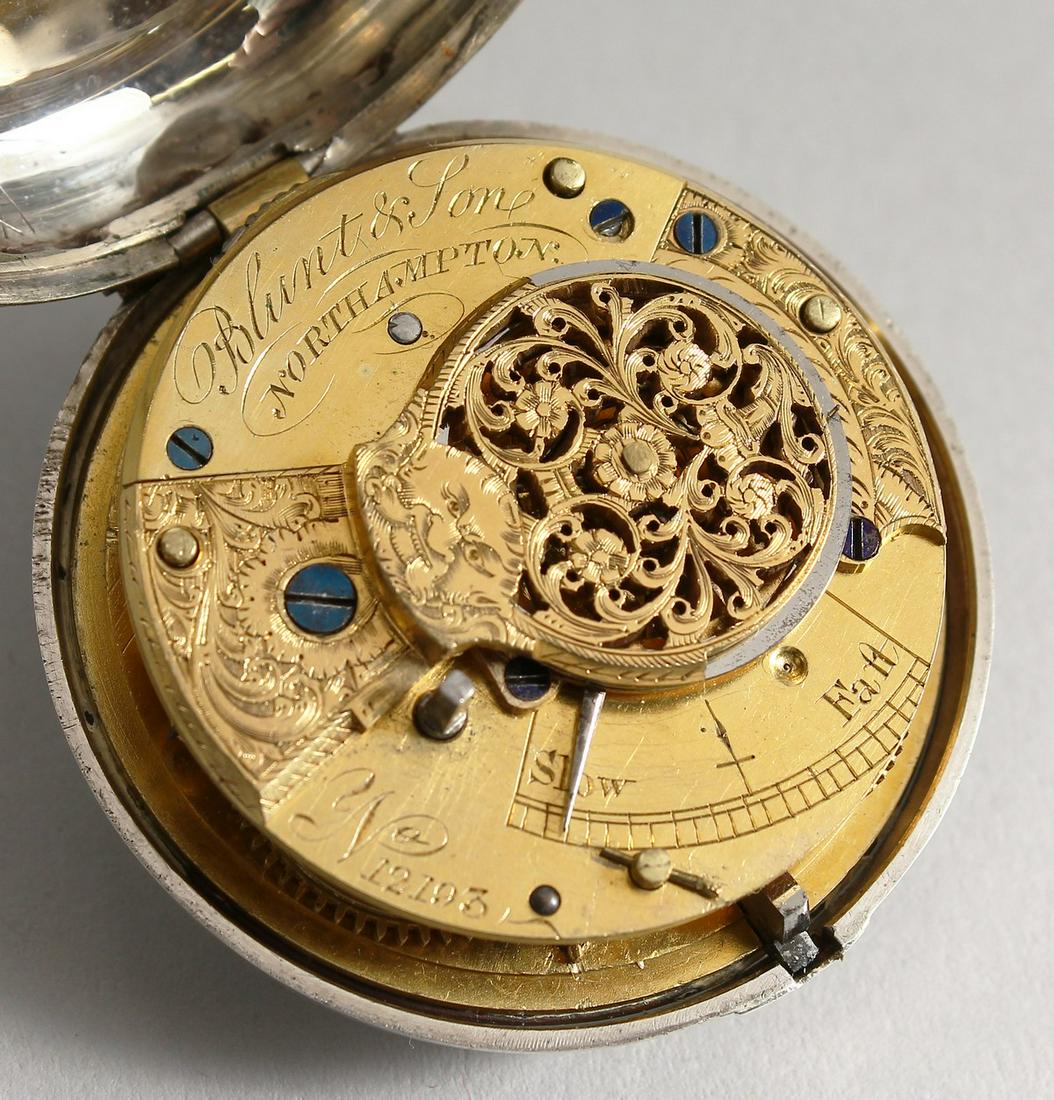 A GEORGE III SILVER VERGE POCKET WATCH, 1792 by BLUNT &: A GEORGE III SILVER VERGE POCKET WATCH, 1792 by BLUNT & SON, NORTHAMPTON.