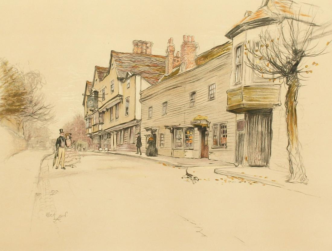 After Cecil Aldin (1870-1935), 'The Kings Head,: After Cecil Aldin (1870-1935), 'The Kings Head, Chigwell', A street view of the Kings Head pub, lithograph, signed in pencil, 14" x 16.5".