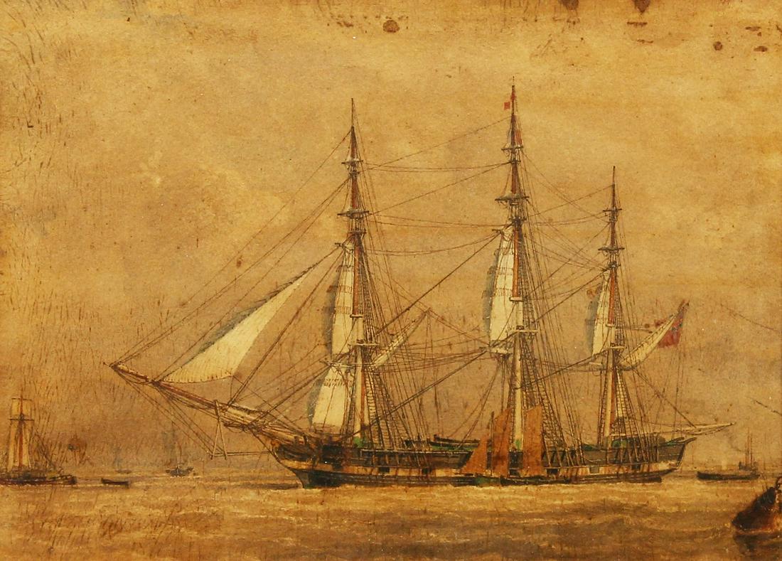Follower of John Ward (1798-1849) British, A three: Follower of John Ward (1798-1849) British, A three masted ship with other vessels, watercolour & ink, 7" x 9".