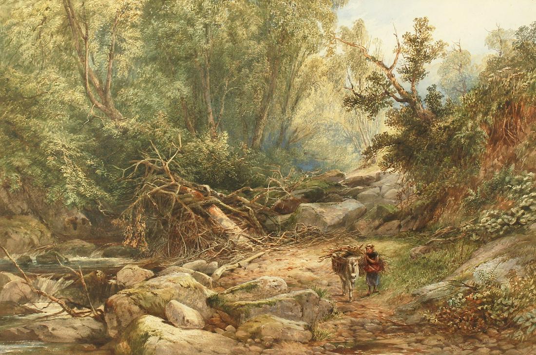 David Hall Mckewan (1816-1873) British, Figure with: David Hall Mckewan (1816-1873) British, Figure with donkey gathering wood in a riverside glade, watercolour, signed and dated '1868', 18" x 27".