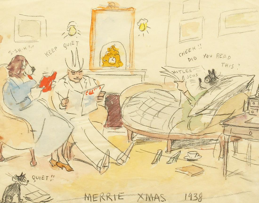 Edward Alfred Cucuel (1785-1954) American, 'Merrie Xmas: Edward Alfred Cucuel (1785-1954) American, 'Merrie Xmas 1938', A man and two dogs in costume, watercolour and pencil, 8" x 10.5".