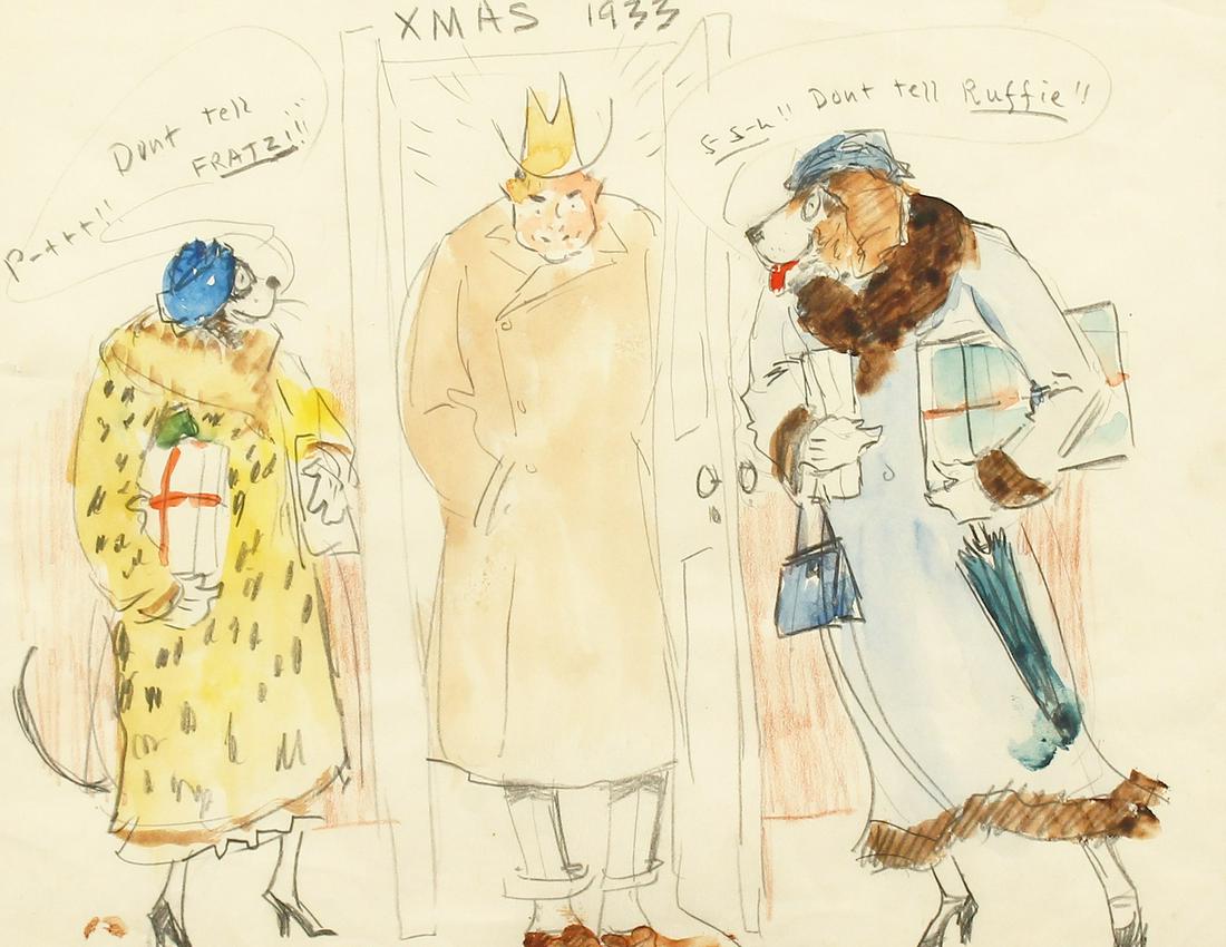 Edward Alfred Cucuel (1785-1954) American, 'Merrie Xmas: Edward Alfred Cucuel (1785-1954) American, 'Merrie Xmas 1933', A man with two dogs in costume, watercolour and pencil, inscribed in pencil, 8" x 10.75".