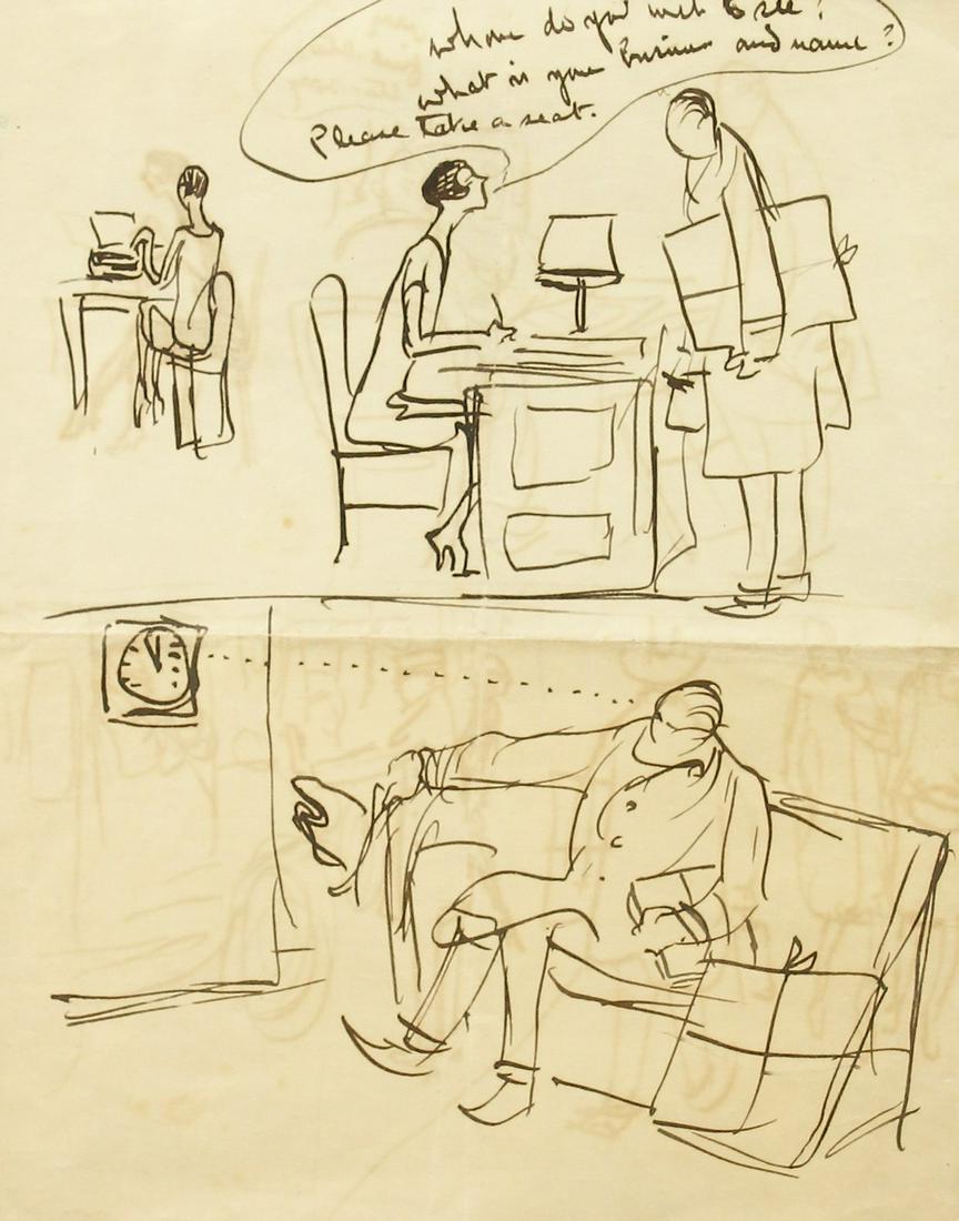 Edward Alfred Cucuel (1785-1954) American, 'The Waiting: Edward Alfred Cucuel (1785-1954) American, 'The Waiting Room', with two sketches on the reverse, ink, inscribed, 10.5" x 8.5".