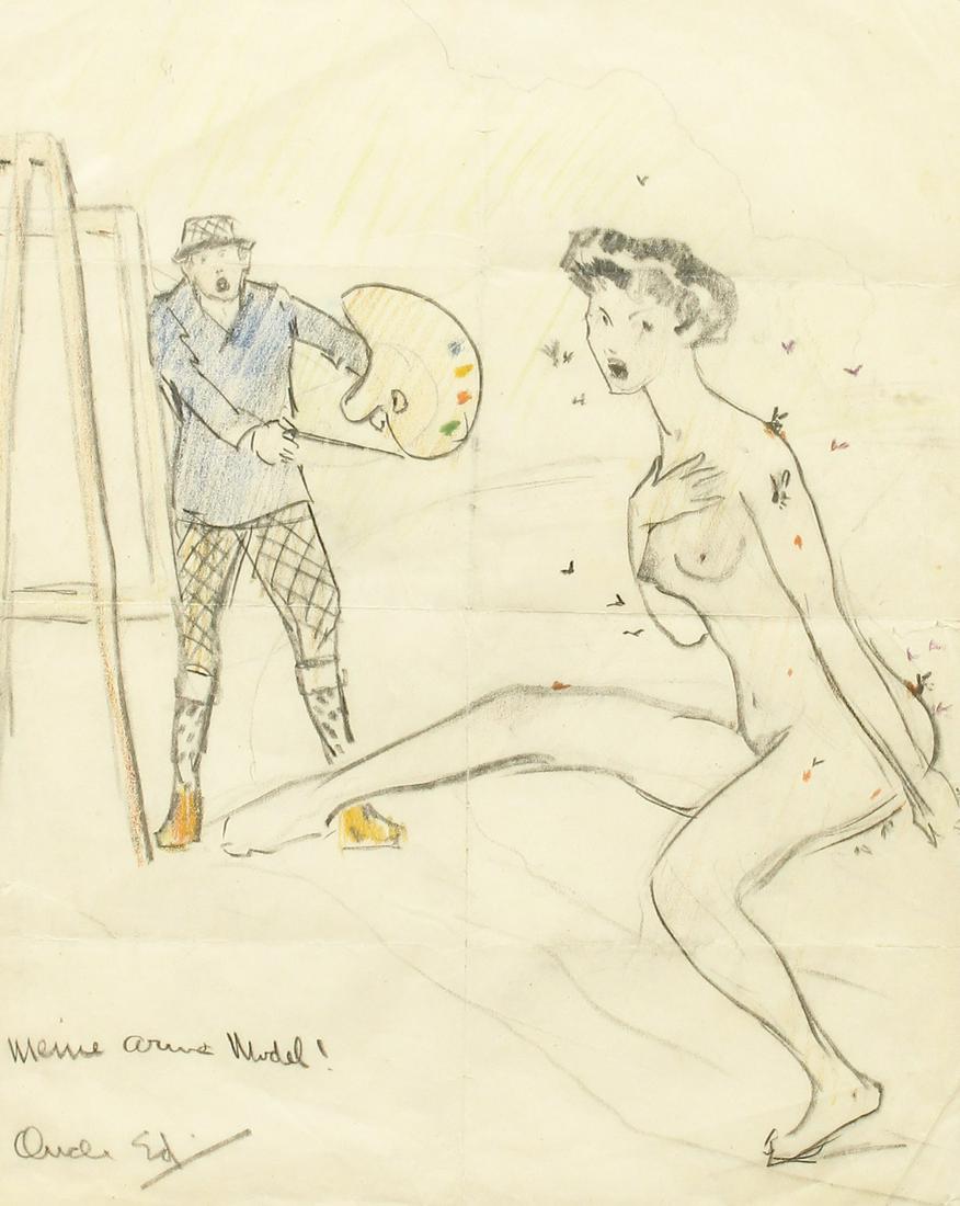 Edward Alfred Cucuel (1785-1954) American, An artist: Edward Alfred Cucuel (1785-1954) American, An artist and model being attacked by bees, pencil and crayon, signed and inscribed, 12" x 9.5".