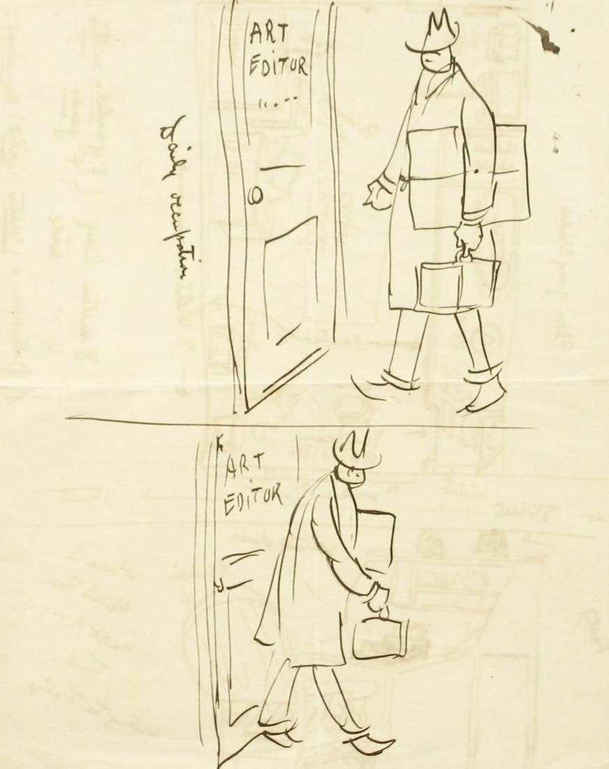 Edward Alfred Cucuel (1785-1954) American, 'Daily: Edward Alfred Cucuel (1785-1954) American, 'Daily Occupation', the art editor arriving and leaving, with a floor plan on the reverse, ink, inscribed, 10.5" x 8.5".