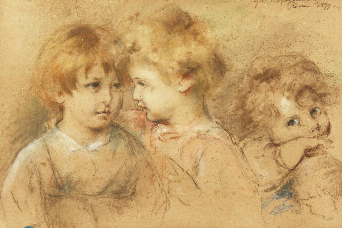 Late 19th century, Italian school, a chalk drawing of: Late 19th century, Italian school, a chalk drawing of three young children, indistinctly signed and dated '1899', inscribed Rome, 18" x 27".