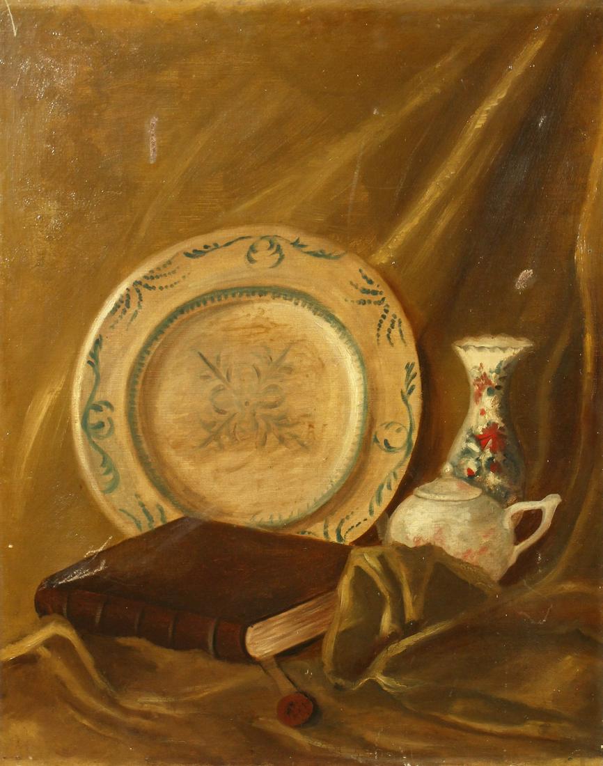 Follower of William Nicholson, a still life with china: Follower of William Nicholson, a still life with china and a book, oil on canvas, 29" x 24", unframed.