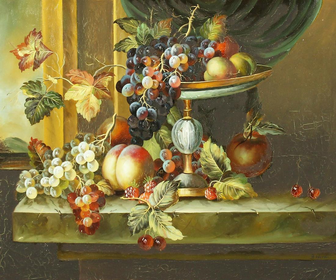 B. Ward (20th century), A still life of fruit and vines: B. Ward (20th century), A still life of fruit and vines on a marble ledge, oil on canvas, signed, 20" x 24".