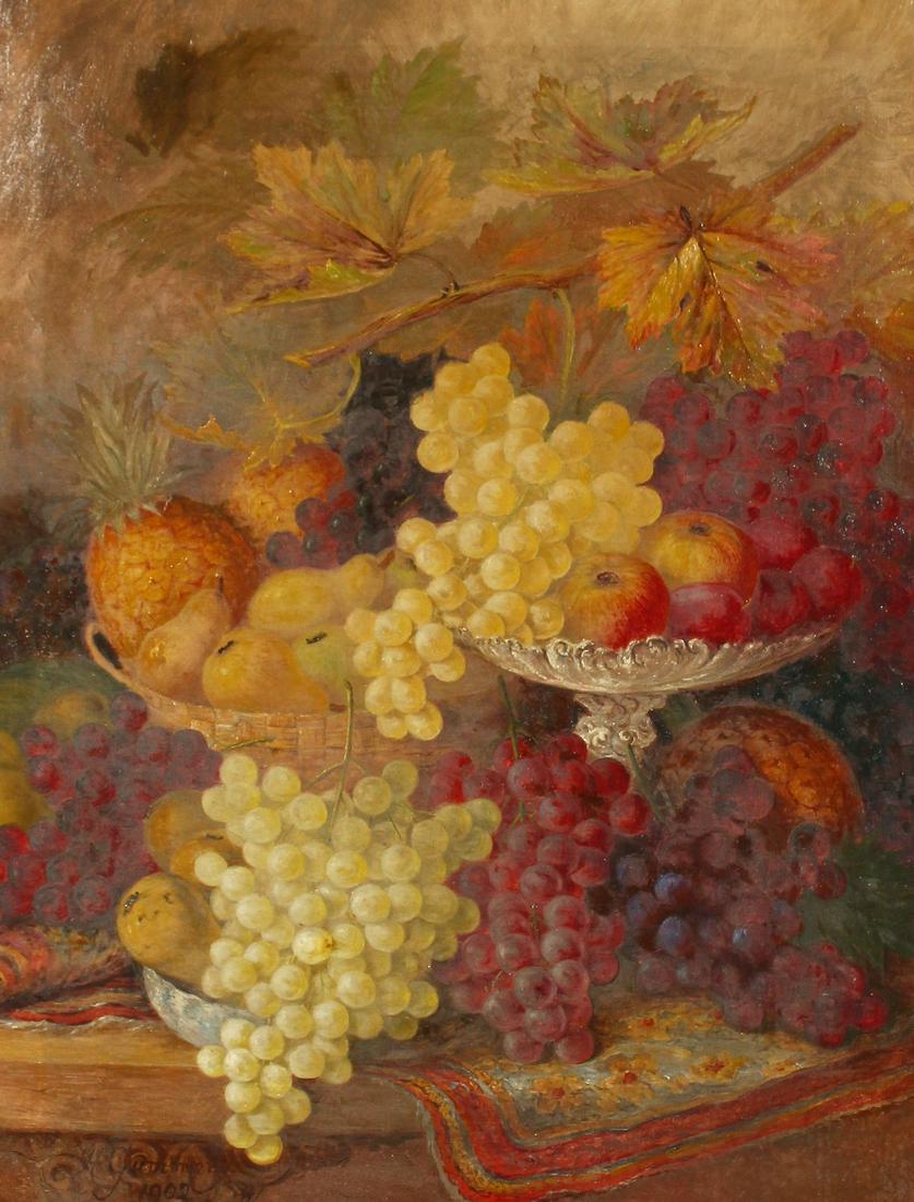 Henry Gummery (1832-1912) British, A still life of: Henry Gummery (1832-1912) British, A still life of abundant fruit, with grapes and vines, oil on canvas, signed 'H. Gummery' and dated '1902', 36" x 28".