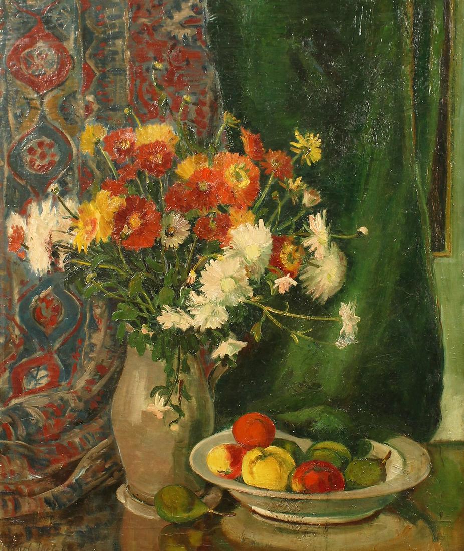 Diels (early 20th century) Continental School, A still: Diels (early 20th century) Continental School, A still life of flowers with a bowl of mixed fruit, oil on canvas, signed, 32" x 28".