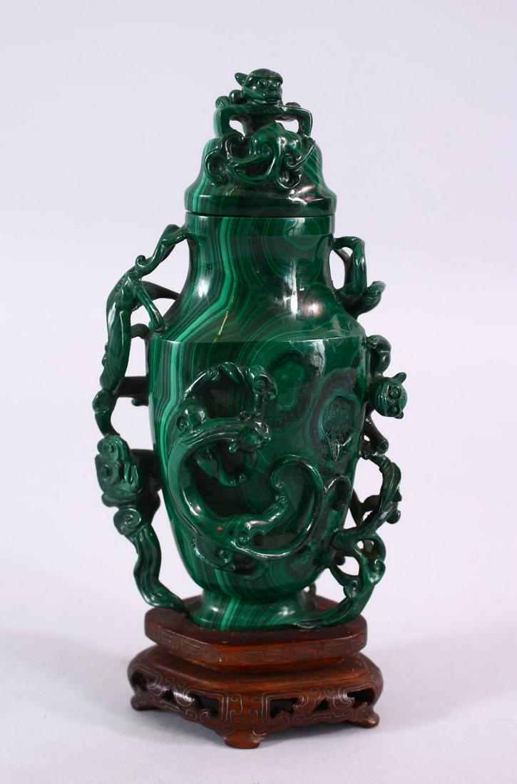 A CHINESE CARVED MALACHITE LIDDED VASE AND COVER, (1 of 8)