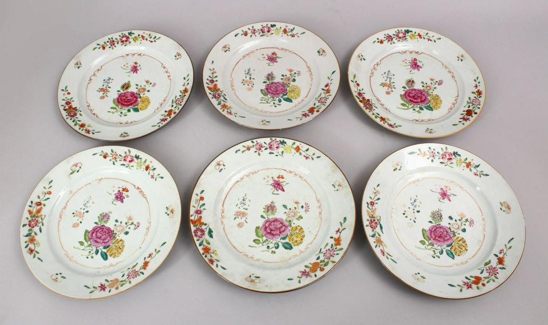 A SET OF SIX CHINESE 18TH CENTURY FAMILLE ROSE PLATES, (1 of 3)