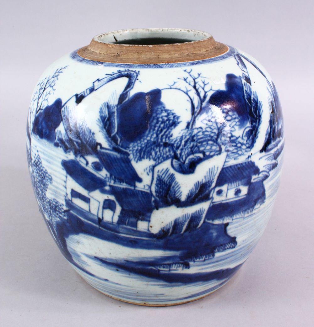 AN 18TH CENTURY CHINESE BLUE & WHITE PORCELAIN GINGER: AN 18TH CENTURY CHINESE BLUE & WHITE PORCELAIN GINGER JAR, the body with landscape waterside views, the base with double blue rings, 21cm high.