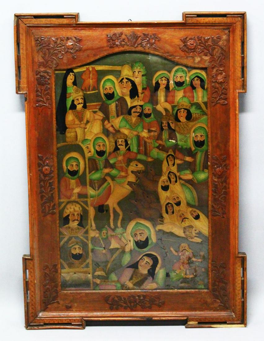 A LARGE ISLAMIC PERSIAN REVERSE PAINTED GLASS PANEL - (1 of 6)