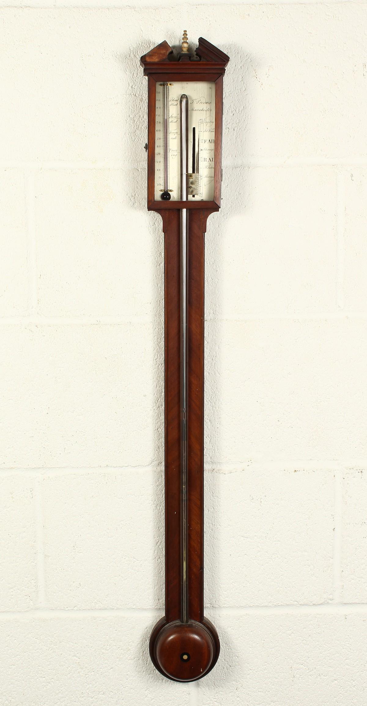 A GEORGE III MAHOGANY STICK BAROMETER by J. PREDARI,: A GEORGE III MAHOGANY STICK BAROMETER by J. PREDARI, MANCHESTER. 23ins long.