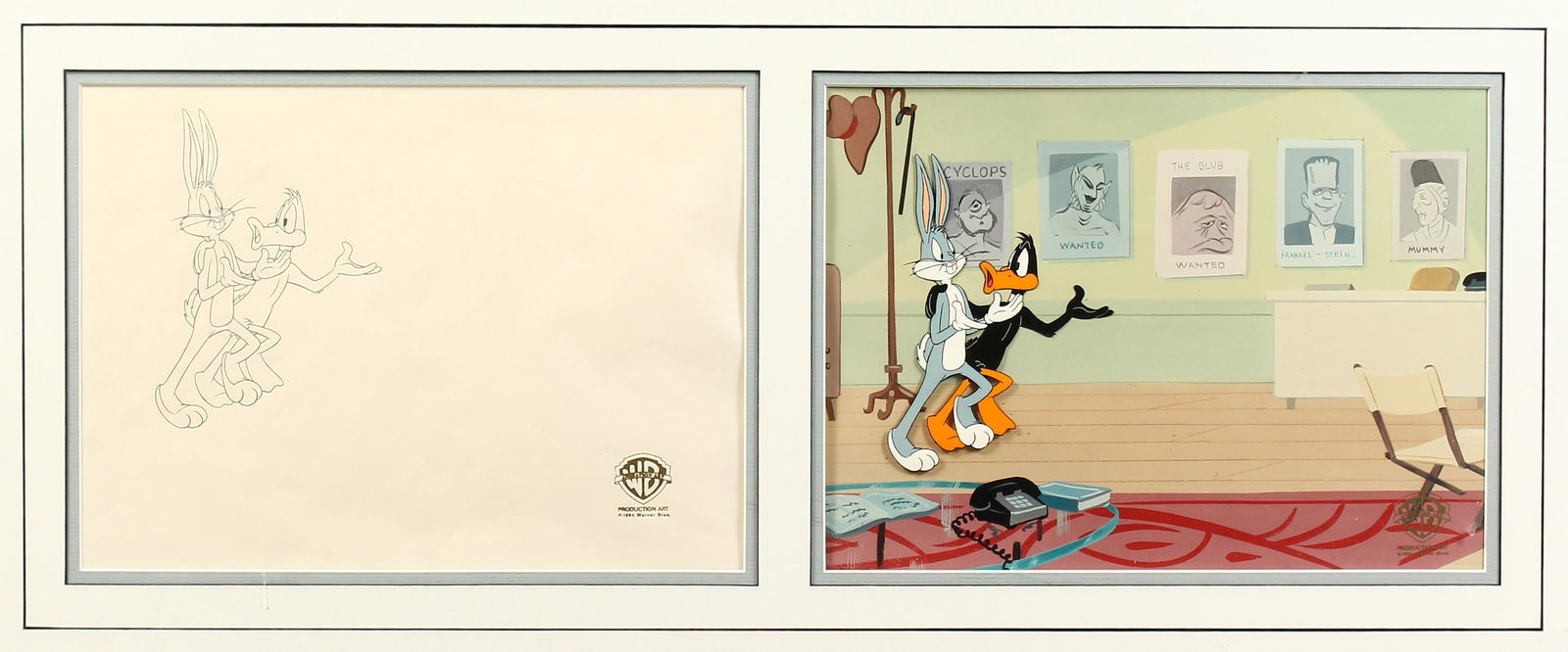 A WARNER BROTHERS ORIGINAL FILM CEL. "DAFFY DUCKS: A WARNER BROTHERS ORIGINAL FILM CEL. "DAFFY DUCKS QUACKBUSTERS", Daffy Duck and Bugs Bunny, from the original 1987 film, No. 28956. Two Images 8.5ins x 11.5ins.