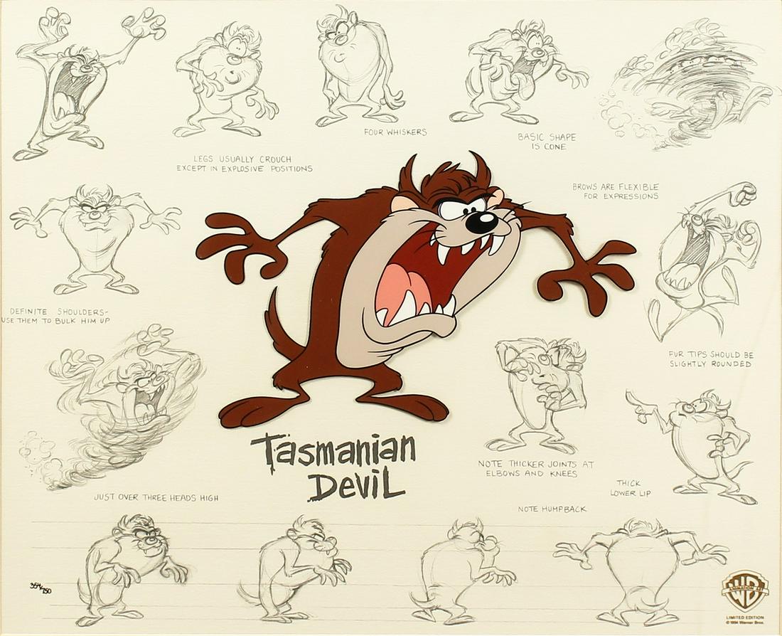 A WARNER BROTHERS ORIGINAL FILM CEL. "TASMANIAN DEVIL": A WARNER BROTHERS ORIGINAL FILM CEL. "TASMANIAN DEVIL" 1991. No. 354/750. 13ins x 16ins.