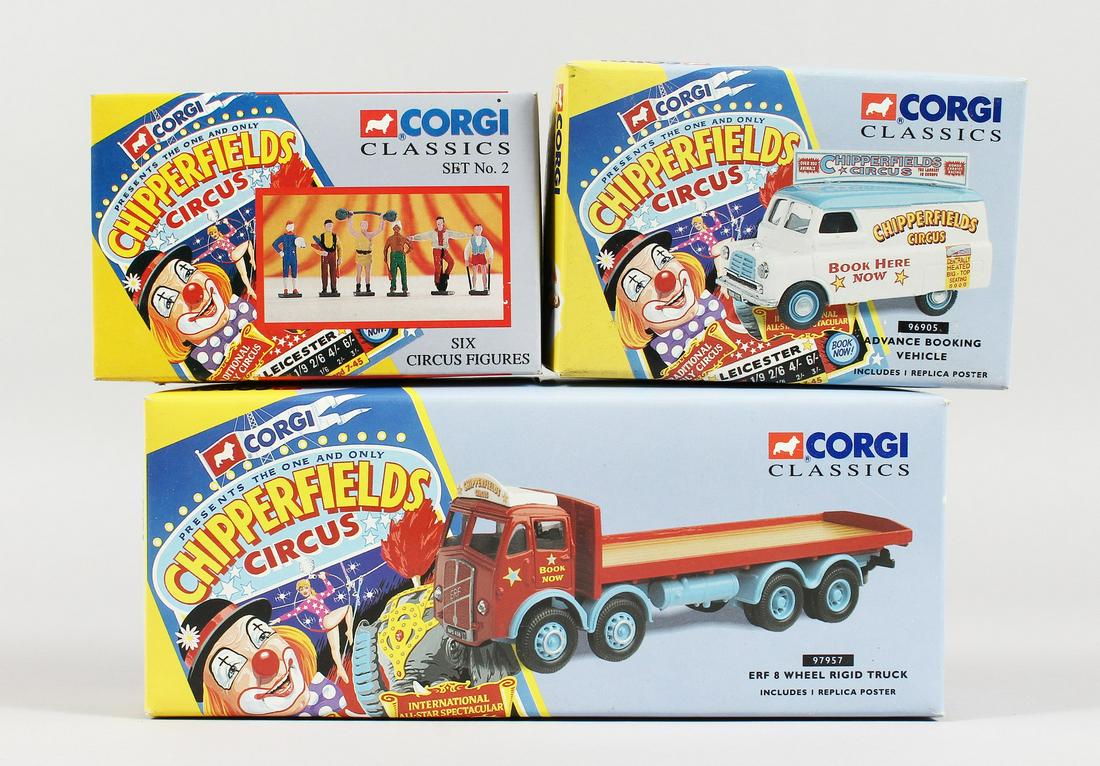 CORGI CHIPPERFIELDS CIRCUS SET OF THREE, Advance: CORGI CHIPPERFIELDS CIRCUS SET OF THREE, Advance Booking Van, ERF 8 Wheel Truck and Set of 6 Figures (3). RRP: £45.