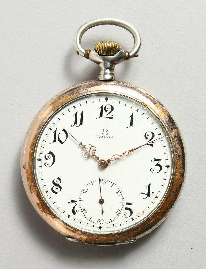 AN OMEGA ENGINE TURNED POCKET WATCH, No. 573938.: AN OMEGA ENGINE TURNED POCKET WATCH, No. 573938.