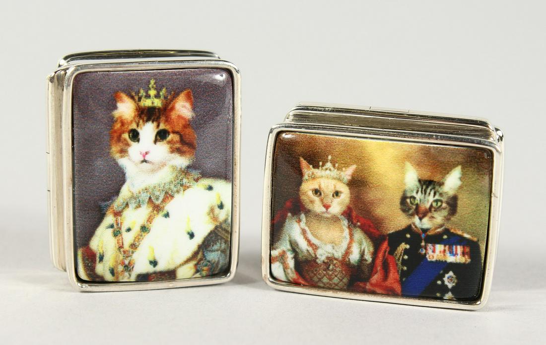 TWO SILVER AND ENAMEL CAT PILL BOXES.: TWO SILVER AND ENAMEL CAT PILL BOXES.