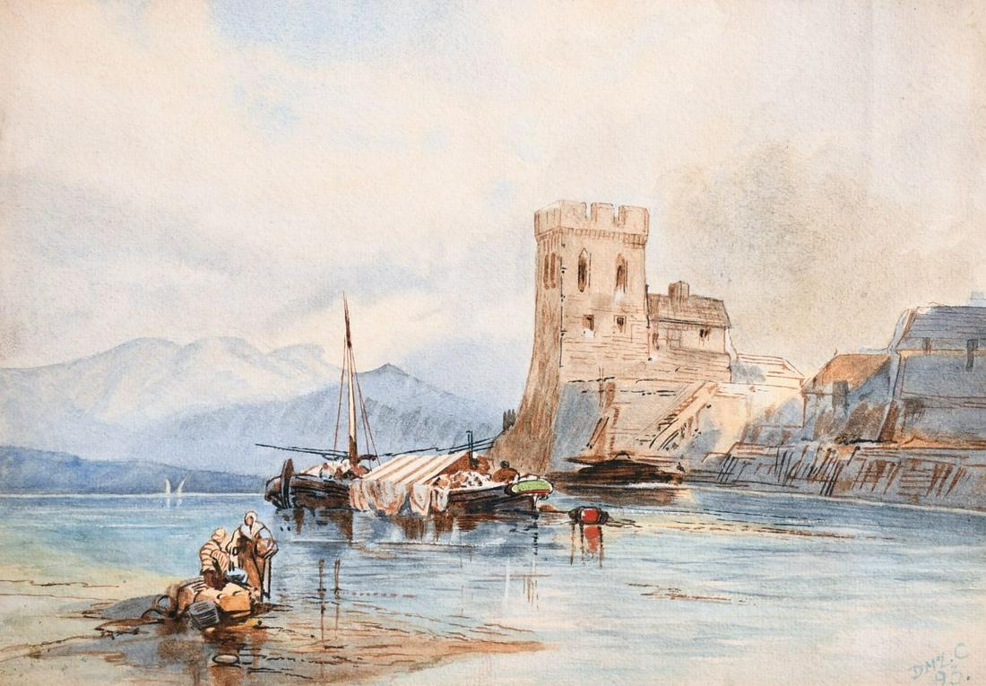 Circle of Edward Lear (1812-1888) British, A coastal: Circle of Edward Lear (1812-1888) British, A coastal scene possibly North Africa, watercolour heightened with body colour, signed and dated 'D.M.L.C. 93', 10" x 13.75"