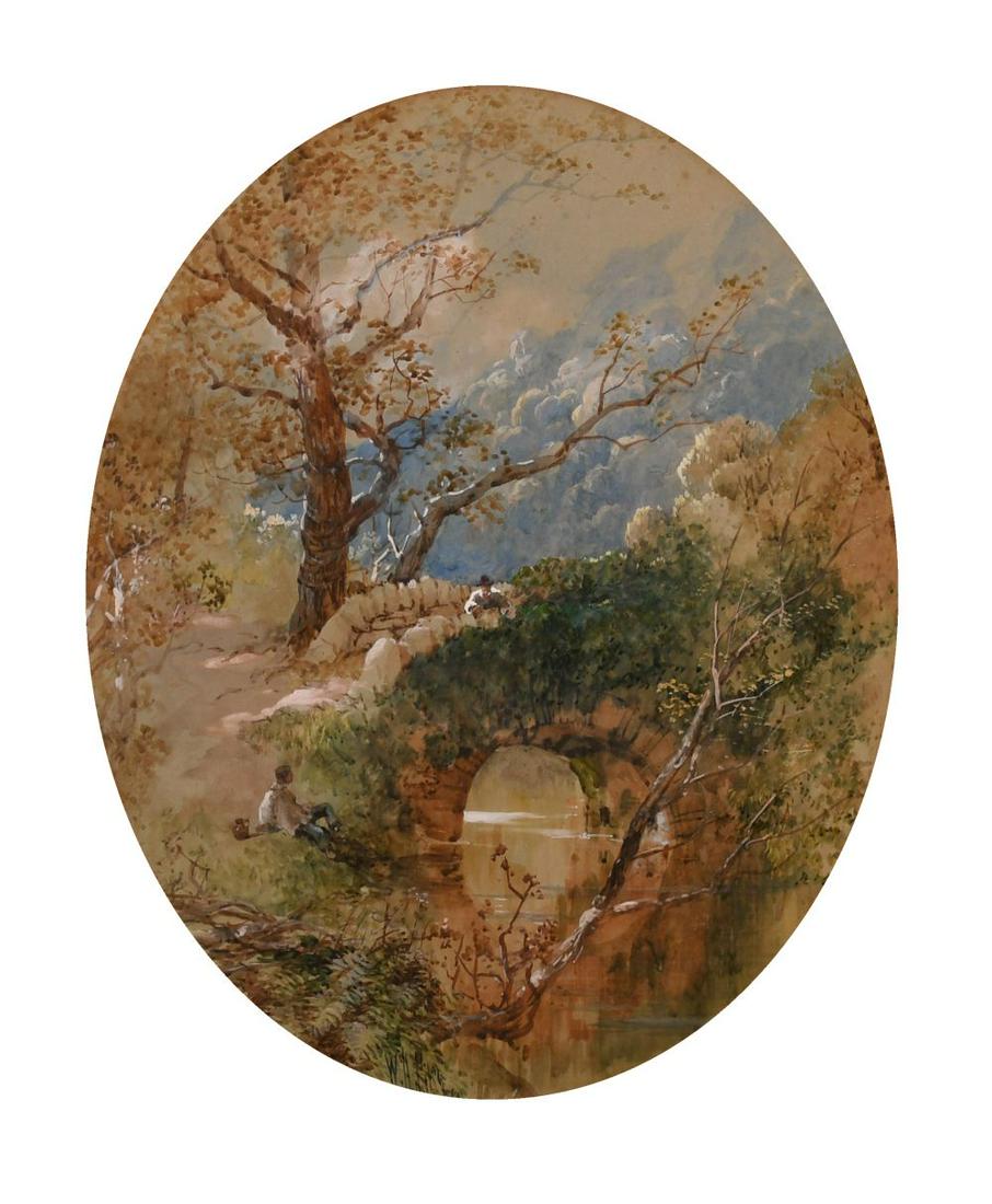William Henry Pike (1846-1908) British. Figures Resting: William Henry Pike (1846-1908) British. Figures Resting by a River, Watercolour, Signed, Oval, 14" x 11".