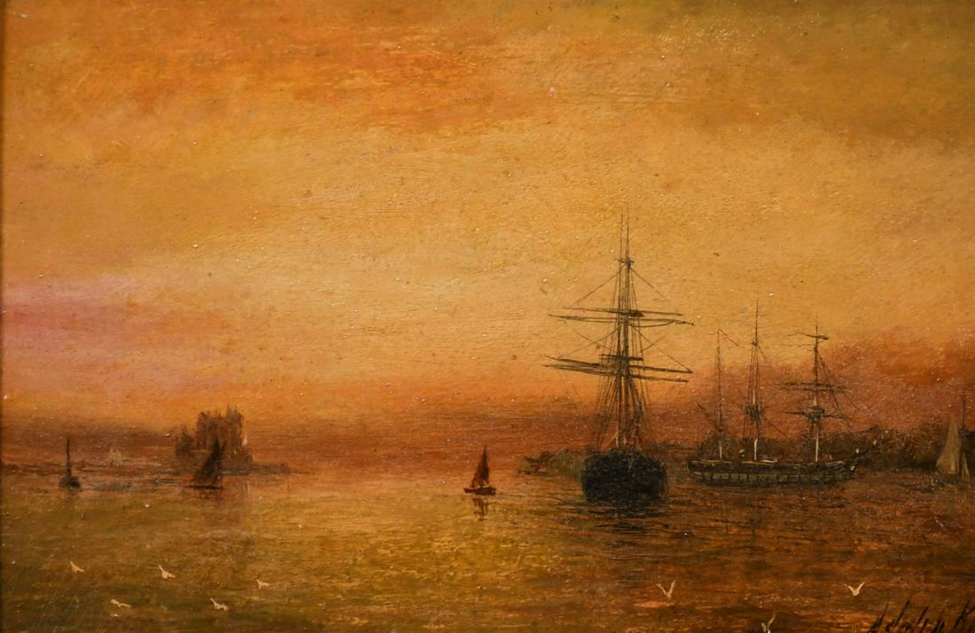William Adolphus Knell (1801-1875) British, shipping in: William Adolphus Knell (1801-1875) British, shipping in a coastal landscape at dusk, oil on board, 6" x 9".