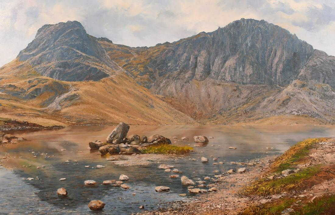 Arthur Terry Blamires (B.1930) British, 'Harrison: Arthur Terry Blamires (B.1930) British, 'Harrison Stickle Paving Ark and Stickle Tarn', a Lake District landscape, oil on board, signed and dated ,1992', 20" x 30".