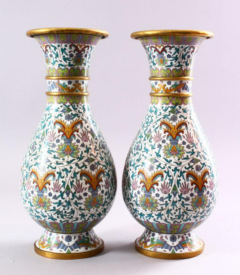 A PAIR OF CHINESE CLOISONNE BALUSTER SHAPE VASES, with (1 of 5)