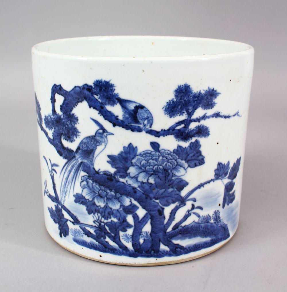 A GOOD CHINESE BLUE & WHITE PORCELAIN BRUSH WASH,: A GOOD CHINESE BLUE & WHITE PORCELAIN BRUSH WASH, decorated with scenes of birds amongst native floral display, the base with an inked mark, 18.5cm