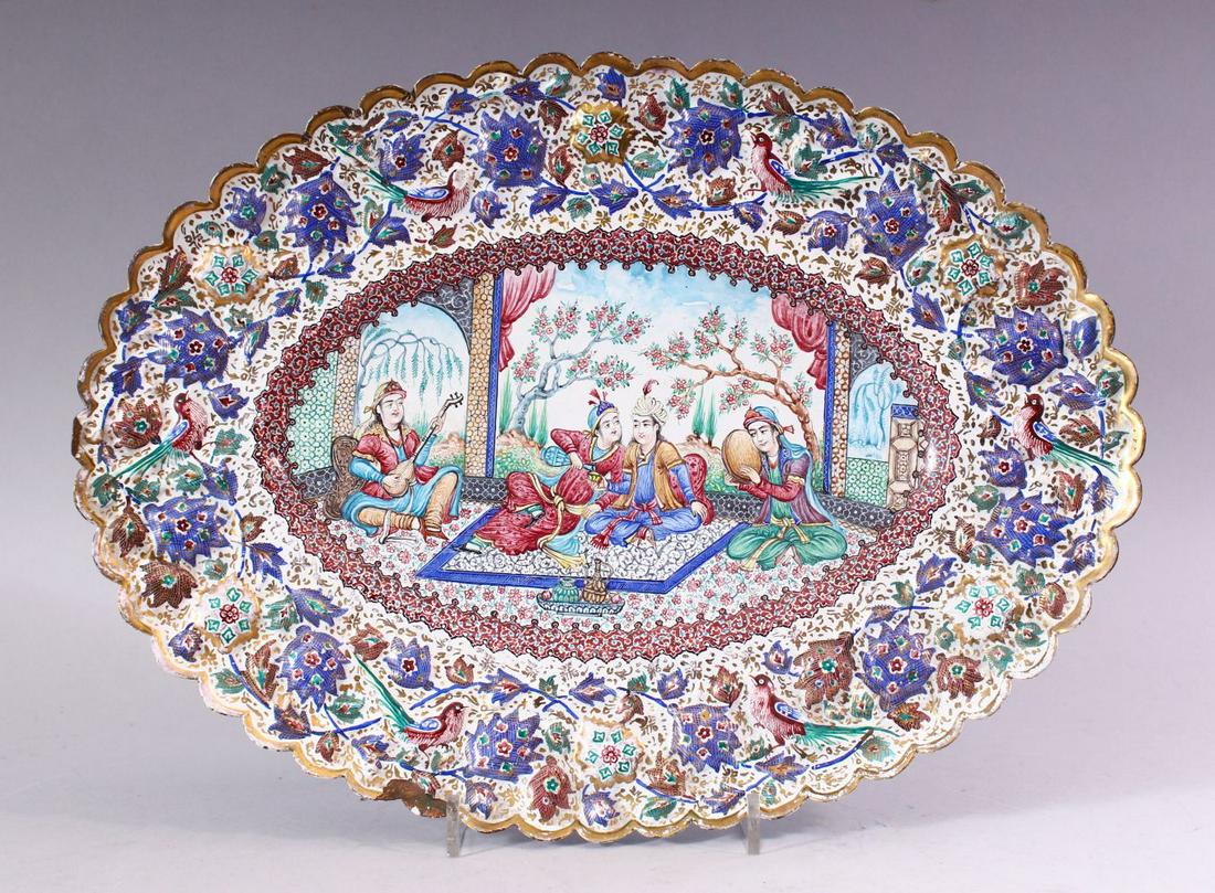 AN INDIAN ENAMELLED COPPER DISH of lobed oval form, the (1 of 9)