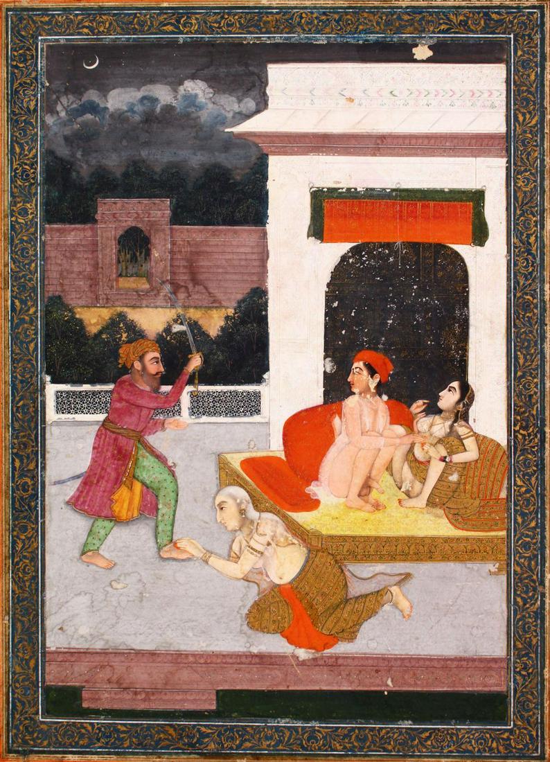 AN 18TH CENTURY MUGHAL INDIAN EROTIC MINIATURE: AN 18TH CENTURY MUGHAL INDIAN EROTIC MINIATURE PAINTING, depicting a conflicting erotic scene, 35cm x 25cm
