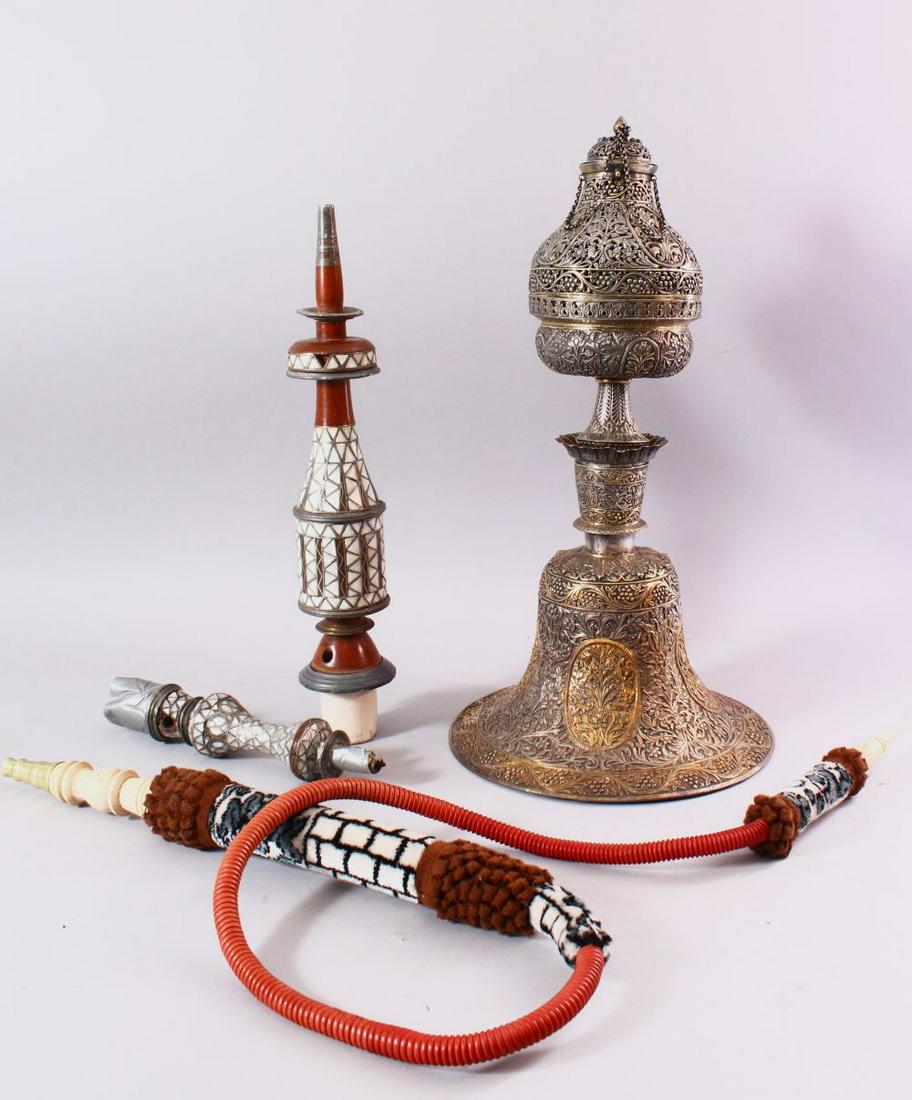 A FINE 19TH CENTURY INDIAN SILVER AND GILT HUQQA BASE, (1 of 9)