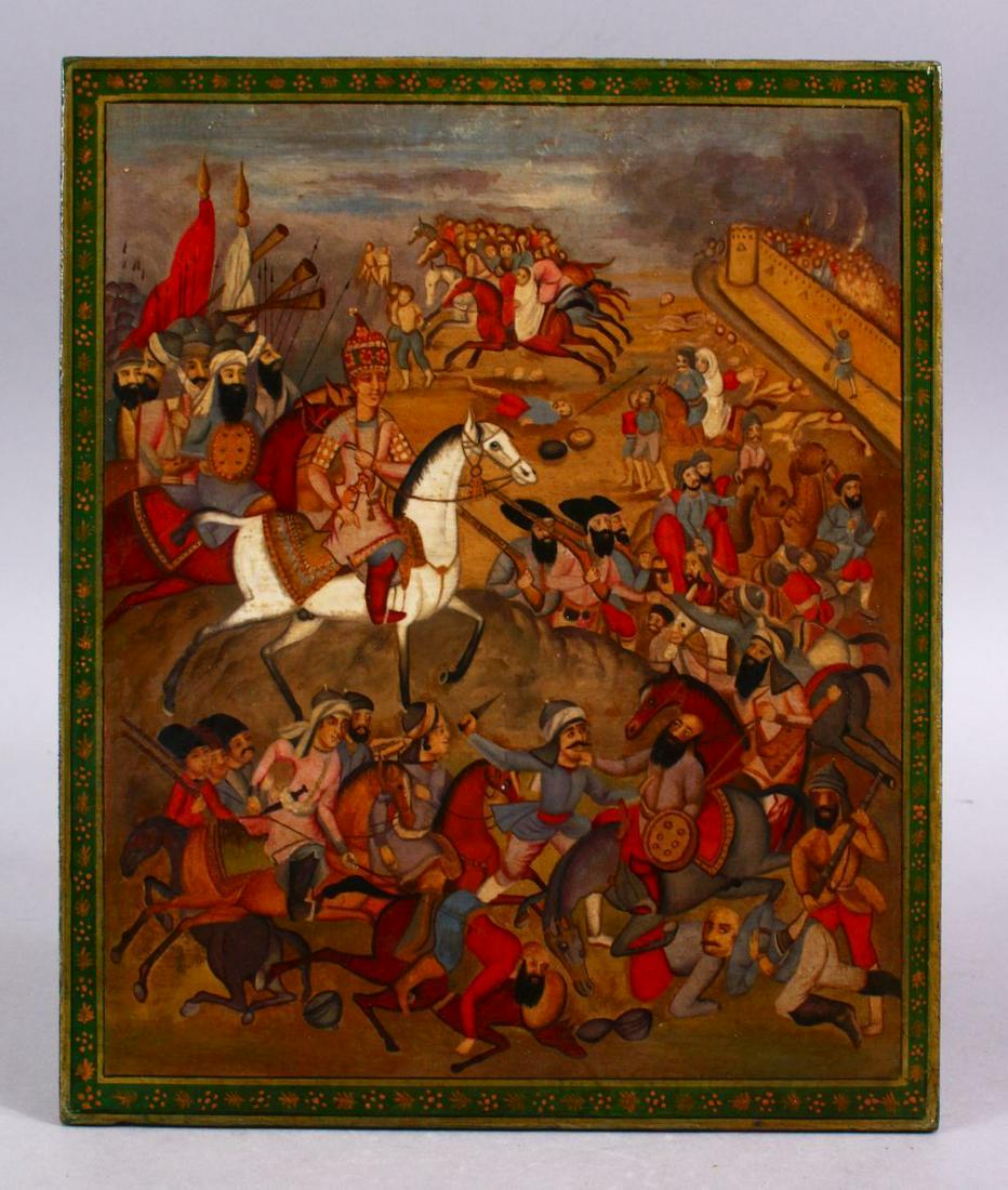 A PERSIAN QAJAR LACQUER PAINTED PANEL OF 1ST QAJAR KING (1 of 8)