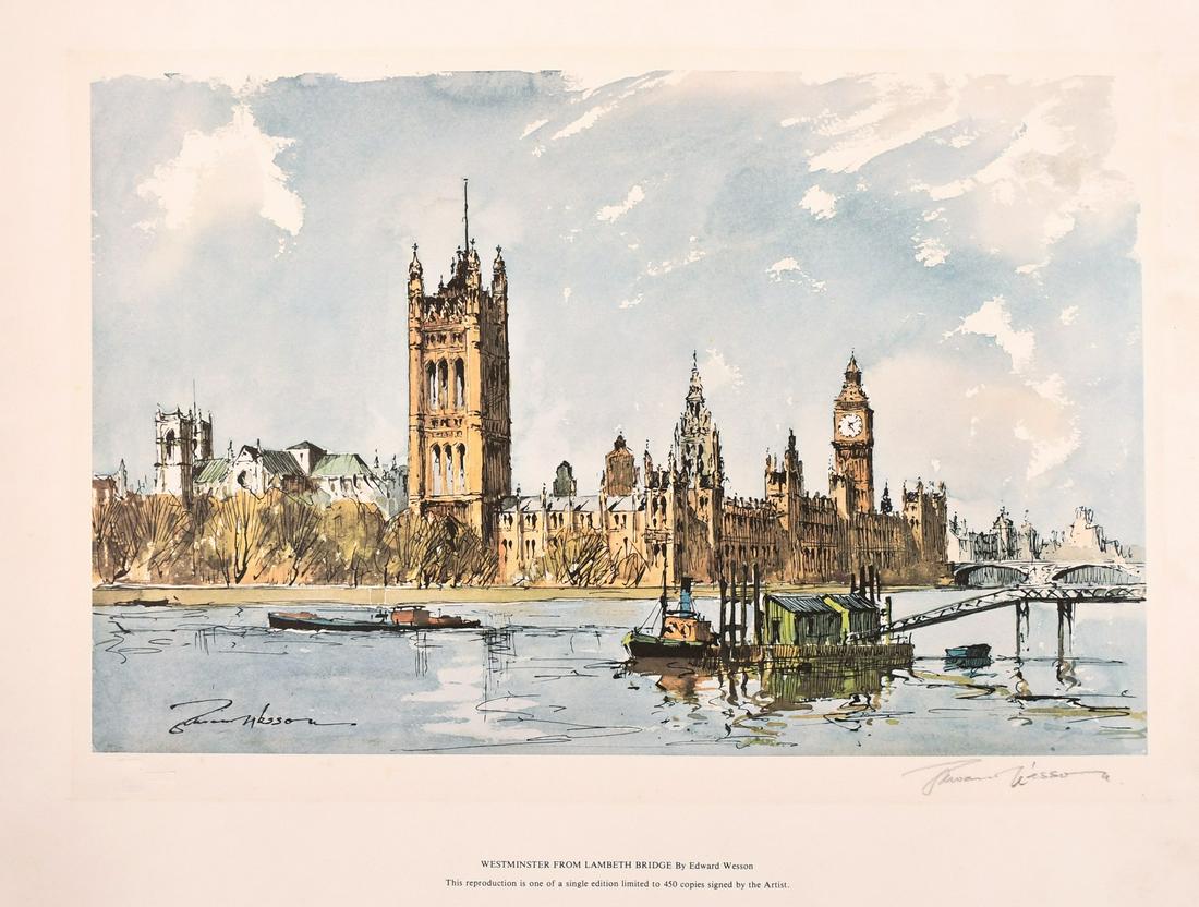 Edward Wesson (1910-1983) British, 'Westminster from: Edward Wesson (1910-1983) British, 'Westminster from Lambeth Bridge', limited edition, signed in pencil, 14" x 20".