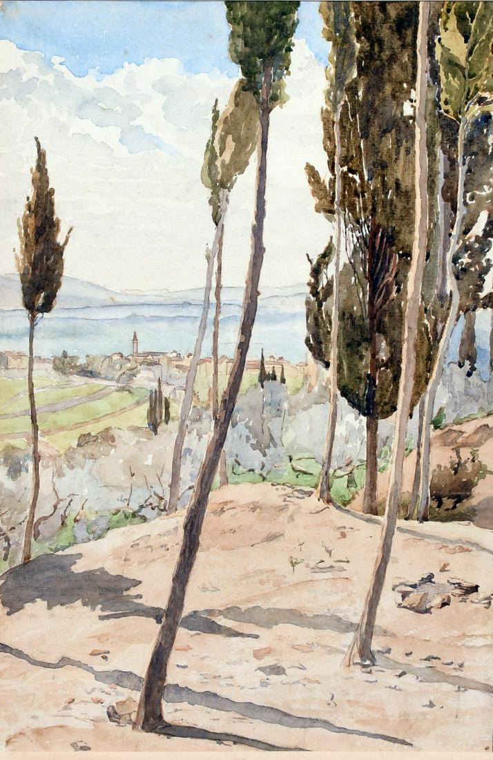 Follower of Edward Lear, A landscape of a Cyprian town: Follower of Edward Lear, A landscape of a Cyprian town on the horizon with trees in the foreground, watercolour, 14" x 9.5".