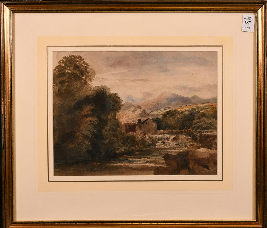 Follower of Peter de Wint. A river landscape with: Follower of Peter de Wint. A river landscape with Millhouse and figure crossing a bridge, watercolour, 9" x 12".