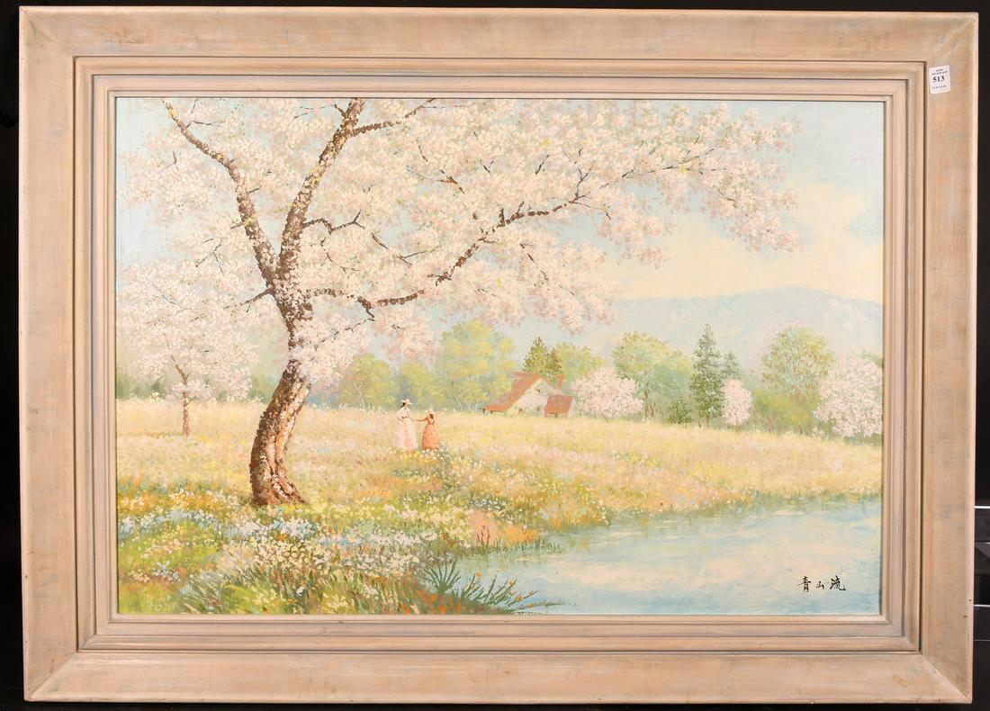 20th Century Chinese school, A young lady and child in: 20th Century Chinese school, A young lady and child in a field with almond blossom, oil on canvas, signed. 24" x 36".
