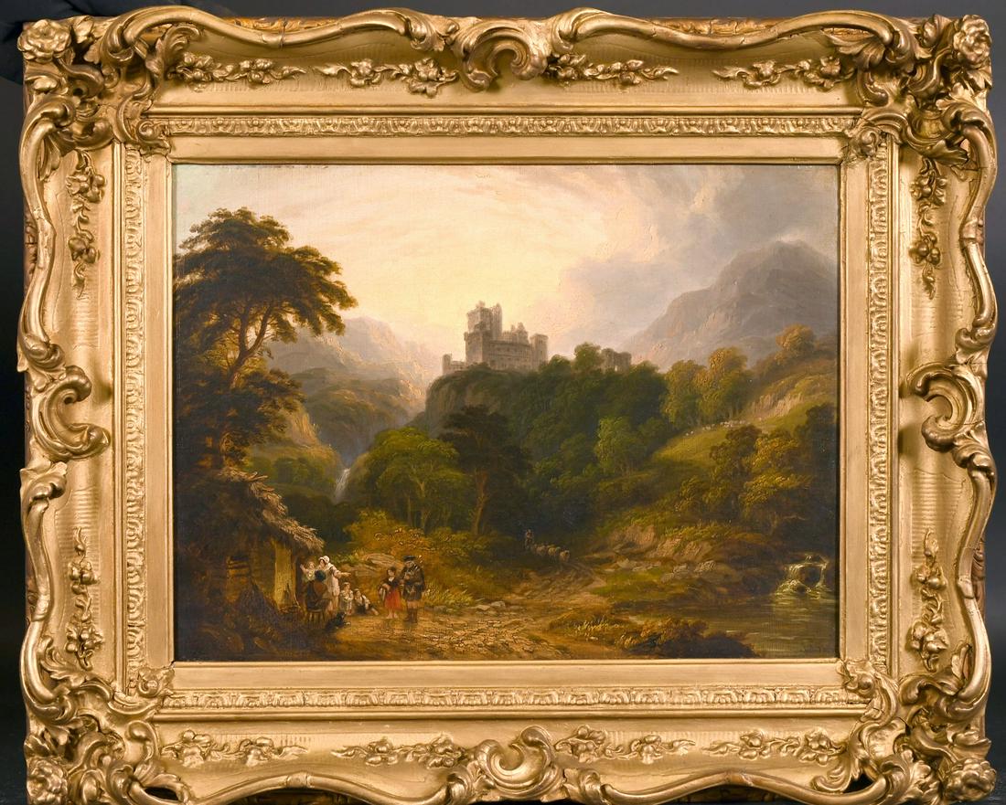 John Anthony Puller (1799-1867) British, A Highland: John Anthony Puller (1799-1867) British, A Highland scene with a castle on a hilltop and figures in the foreground, oil on canvas, signed, 12" x 16".