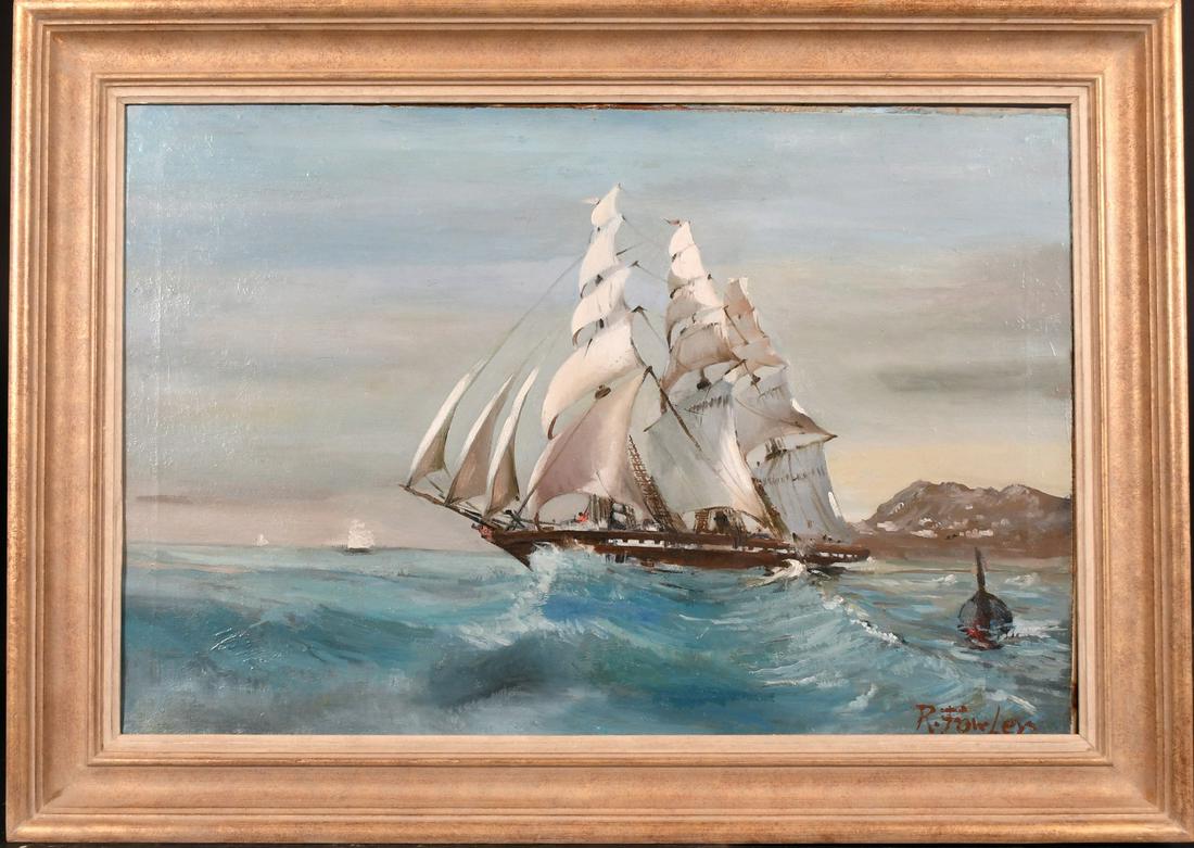 Fowler (1853-1926) British, A Clipper at full sail off: Fowler (1853-1926) British, A Clipper at full sail off a headland, oil on canvas, signed, 20" x 30".