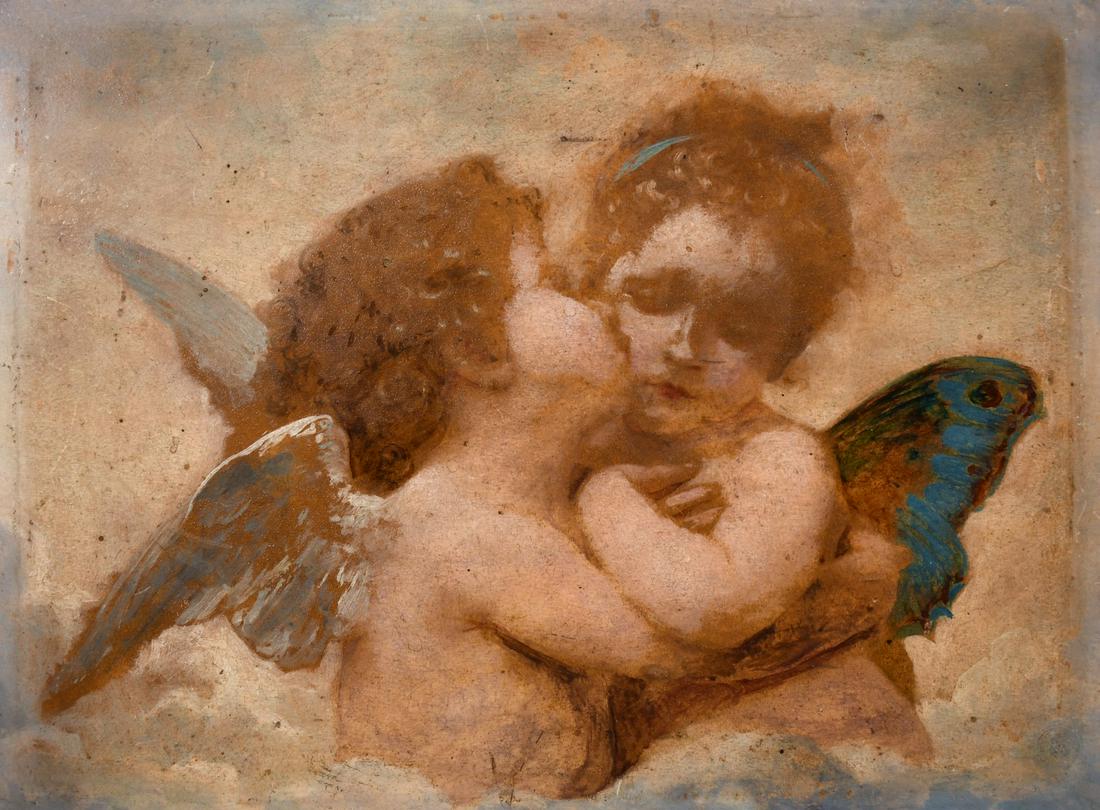Circle of William-Adolphe Bouguereau, a scene of Eros: Circle of William-Adolphe Bouguereau, a scene of Eros and Psyche in embrace, oil on paper laid onto mahogany panel, possibly mixed technique, with blindstamp, 8.75" x 11.25".