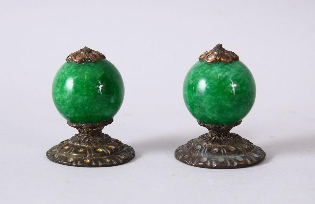 A PAIR OF CHINESE CARVED HARDSTONE & METAL FINIAL / (1 of 2)
